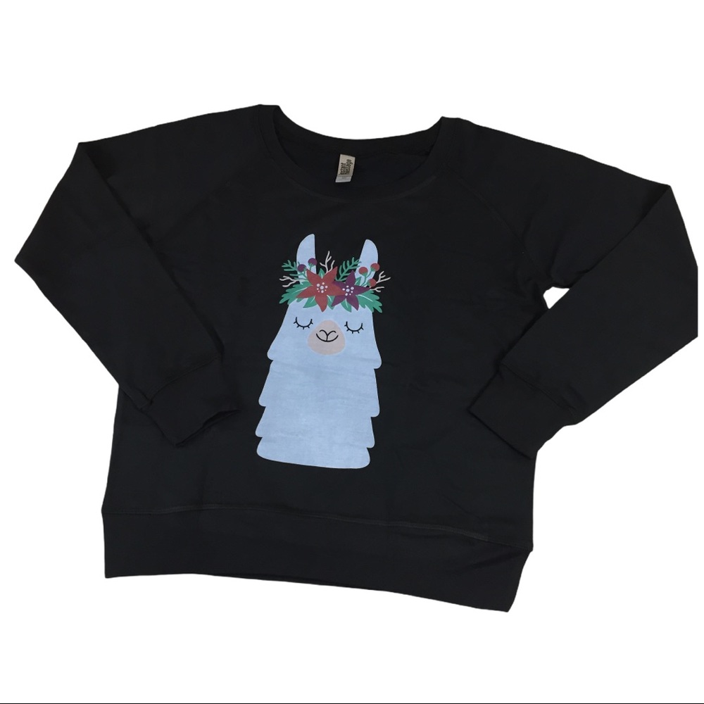 Black Holiday Wreath Llama Ugly Christmas Sweater Graphic Sweatshirt Size Medium
